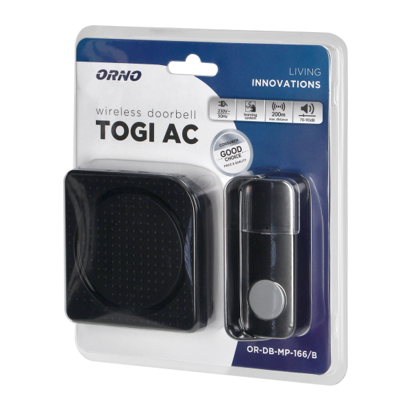 TOGI AC wireless mains-powered doorbell with learning system, 38 sounds, 200m, black
